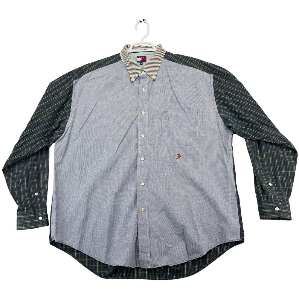 Vintage Tommy Hilfiger Colorblock Button Down Shirt Men's XL Blue Green Plaid 90